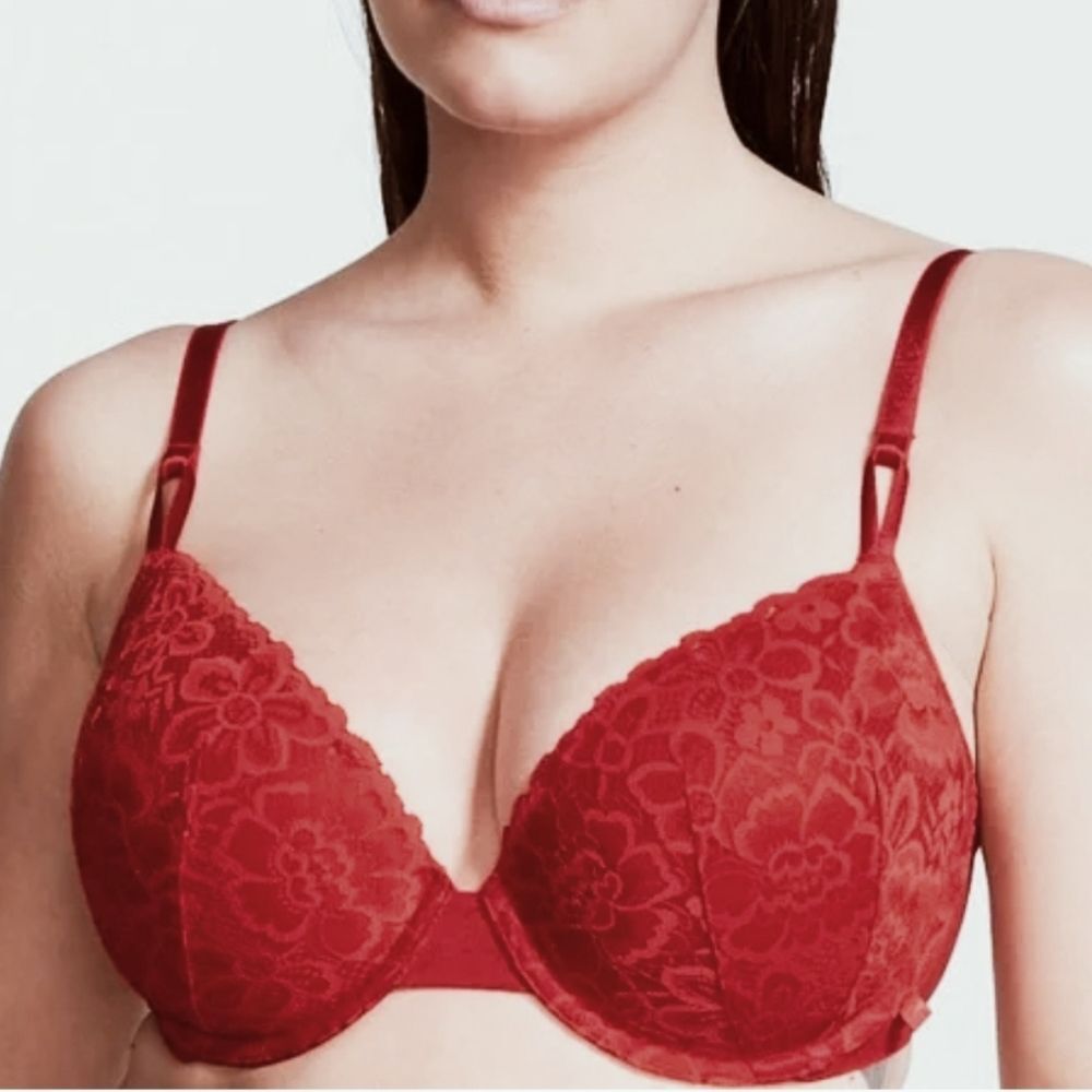 Victoria's Secret Sexy Tee Posey Lace Push Up Bra, Red, Sz 36DD
